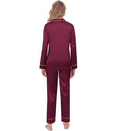 Sets Women's Satin Pajamas Sets Long Sleeve Button Down Top & Bottoms - Wine Red - CN1904NSQY3 $21.20