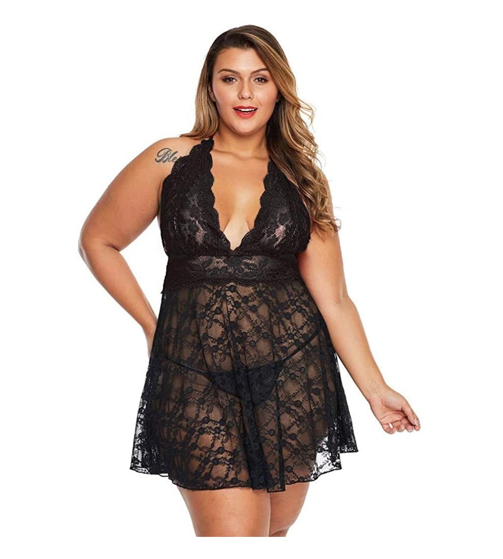 Thermal Underwear Women Plus Size Lace Up Backless Sexy Lingerie Gauze One-Piece Deep V Neck Garment Lace Pajamas Underwear N...