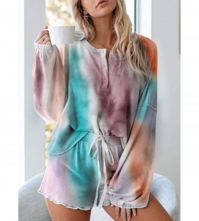 Sets Womens Soft Pajamas Set Long Sleeve Tops and Shorts Tie Dye Printed Ruffle PJ Set Loungewear Nightwear Sleepwear - A0_mu...