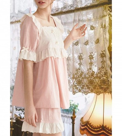 Sets Womens Cotton Pajama Sets Short Sleeve Victorian Nightwear Floral Lace Hem Sleepwear Set 2 Pieces - Pink - CC1985CARLE $...
