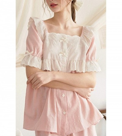 Sets Womens Cotton Pajama Sets Short Sleeve Victorian Nightwear Floral Lace Hem Sleepwear Set 2 Pieces - Pink - CC1985CARLE $...