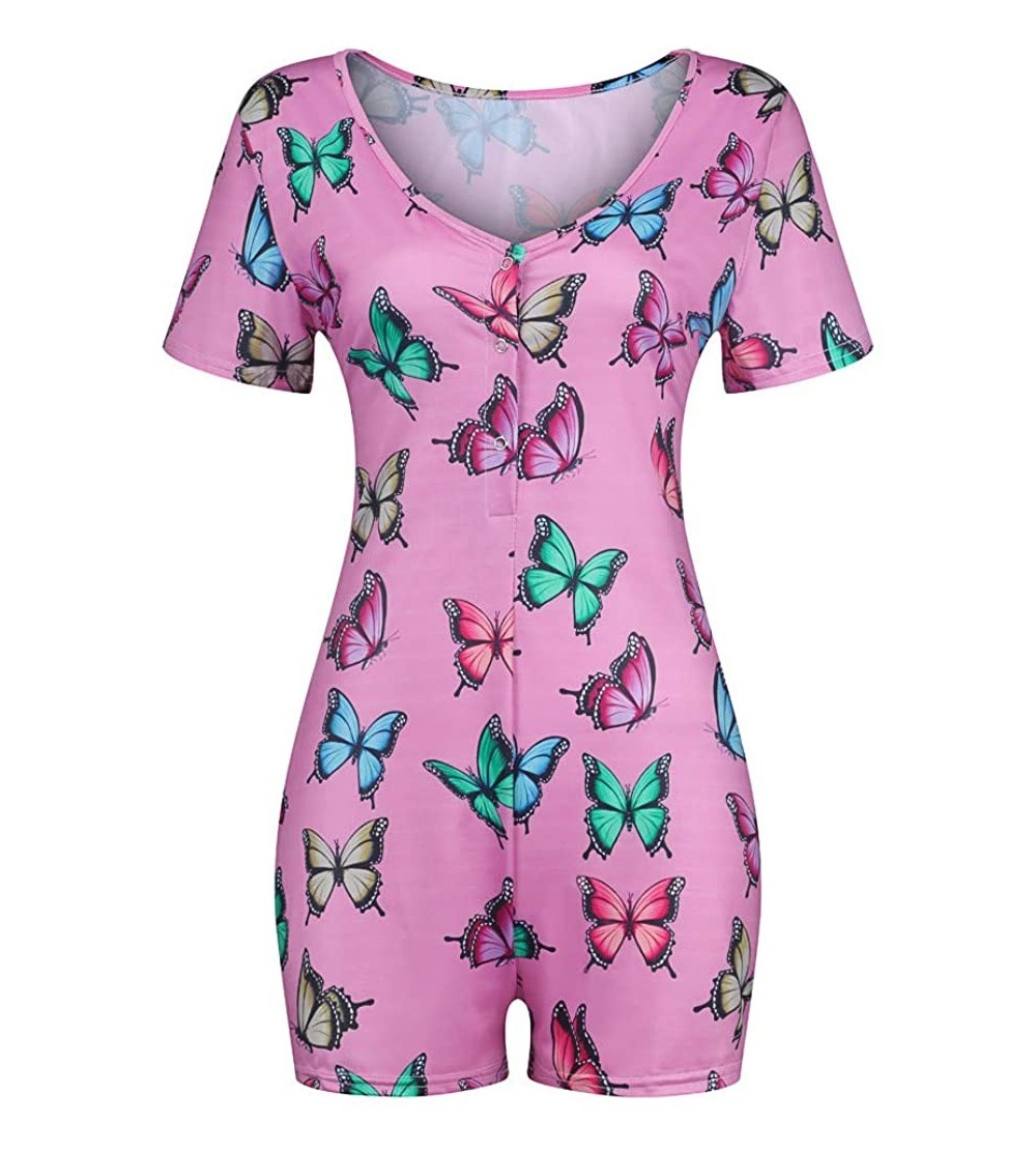 Sets Women's Butterfly Print Short Sleeves Outfits Romper V Neck Tops Sexy Pajama Bodycon Rompers Overall - Purple - C01908O9...