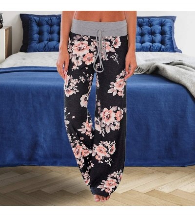Bottoms Women's Comfy Stretch Floral Drawstring Palazzo Wide Leg Lounge Pants - Grey Waist/ Black - C618E4EZ9KQ $12.41