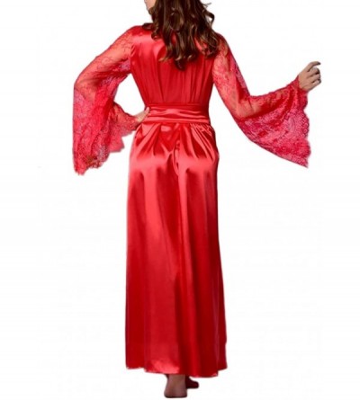 Robes Womens Lace Trim Satin Kimono Robes Long Satin Dressing Gown Bathrobe Sleepwear Loungewear - Robe Red - CR19DNRMMRI $19.07