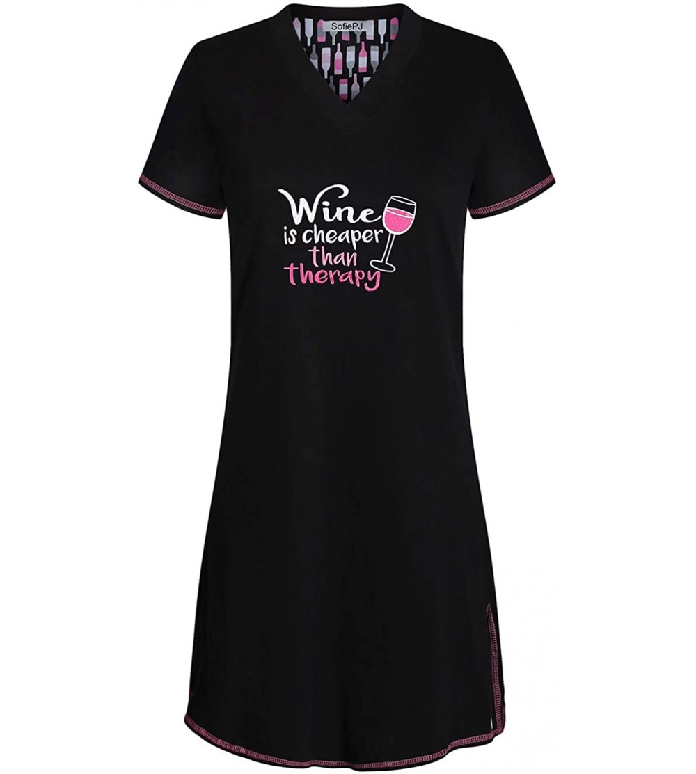 Nightgowns & Sleepshirts Women's Printed Short Sleeve Pure Cotton Sleepwear Nightgown - Black6 - CD19D7EI0Y6 $15.57