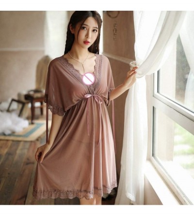 Nightgowns & Sleepshirts Women's Lingerie Nightgown V Neck Short Sleeve Sexy Lace Trim Sleepwear Nightdress - Red - CX199S0AL...