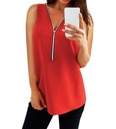 Baby Dolls & Chemises Sleeveless Zipper Vest Women Casual Solid Summer Loose T Shirts Top - Red - CW18NES7N54 $28.00