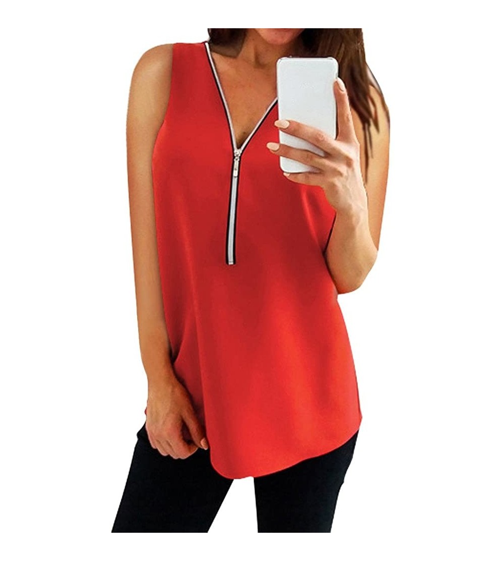 Baby Dolls & Chemises Sleeveless Zipper Vest Women Casual Solid Summer Loose T Shirts Top - Red - CW18NES7N54 $10.46