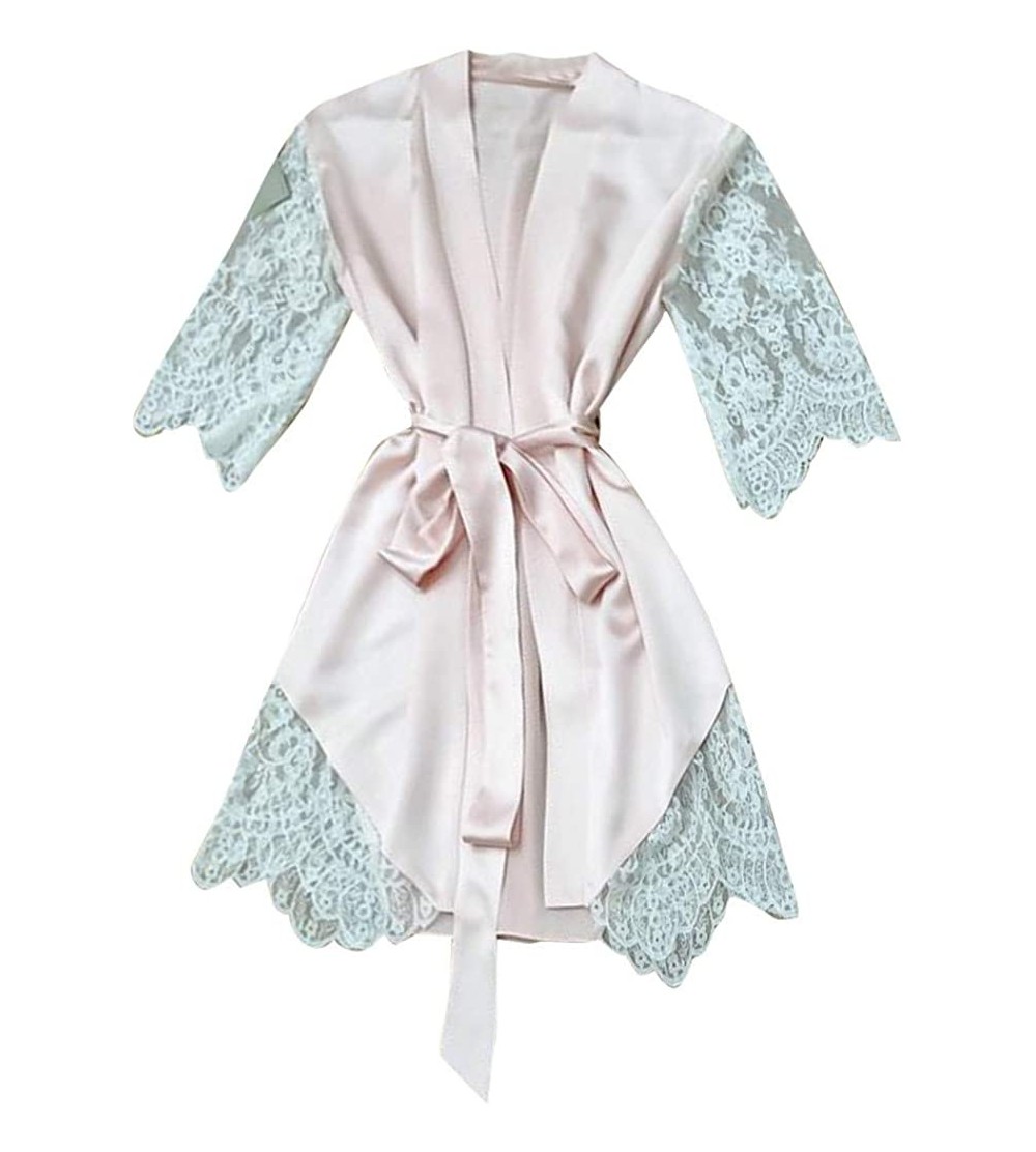 Robes Sexy Sleepwear-Women's Bathrobes Short Lace Satin Kimono Robes Bridesmaids Pajamas with Oblique - Pink - CL193Q3Q9YE $1...