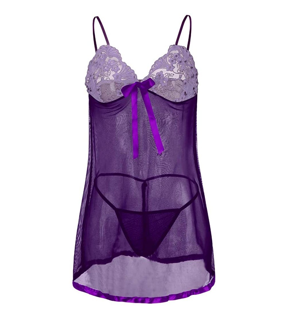 Nightgowns & Sleepshirts Women Plus Size Babydoll Lingerie Back Crisscross Lace Trim Chemise Sleepwear - Purple - C7193GUT44Z...