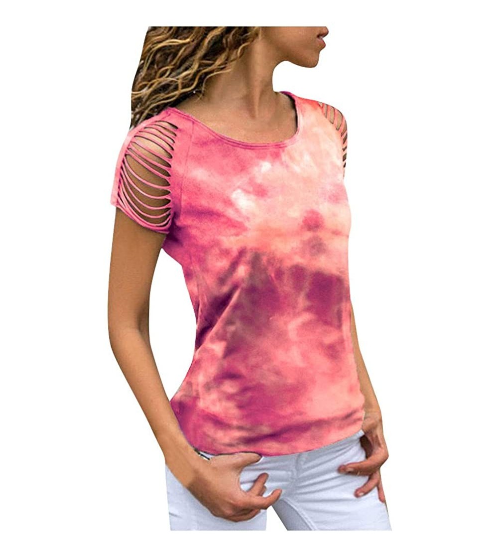 Thermal Underwear Women Casual Blouse Fashion Loose Tie-dye Print Hollow Out Short Sleeve T-Shirt Top - Red - CR19D6933EM $19.64