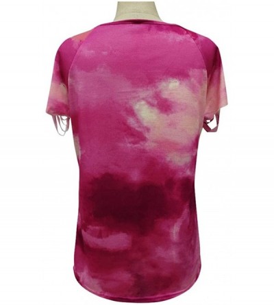 Thermal Underwear Women Casual Blouse Fashion Loose Tie-dye Print Hollow Out Short Sleeve T-Shirt Top - Red - CR19D6933EM $19.64