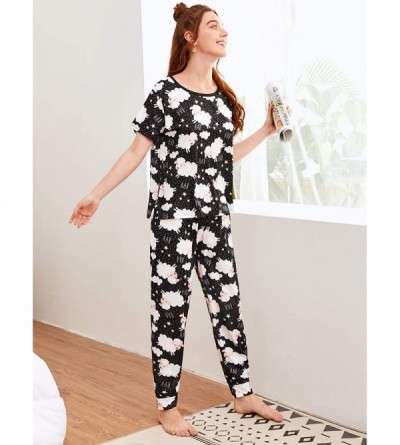 Sets Women Round Neck Short Sleeves Tops Pants Pajamas PJ Sets Sleepwear - Black and White - CD19DAQY523 $24.66