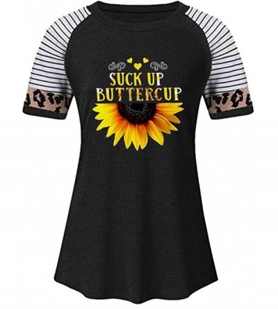 Nightgowns & Sleepshirts Women's Sunflower Leopard Patchwork Short Sleeve O-Neck Print Casual Top T-Shirt - Black - CY197M5LZ...