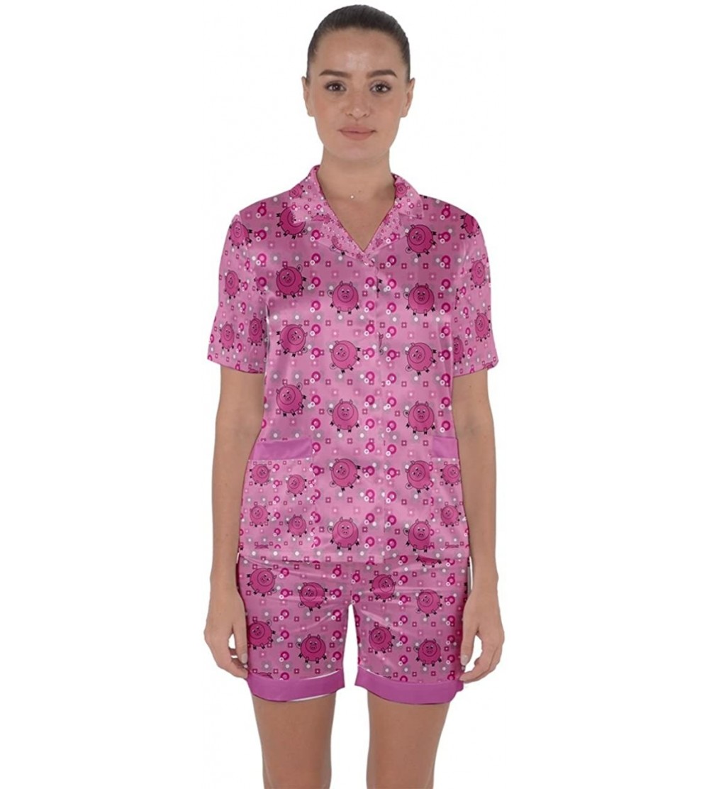 Sets Womens Cartoon Sheep Pattern Satin Short Sleeve Pyjamas Set- XS-3XL - Pink - CZ186L5CWKO $31.95