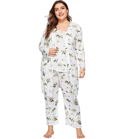 Sets Women's Plus Size Floral Cami Top and Long Pants Pajama Set with Robe - White - CI195WKN3AG $14.47