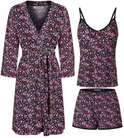 Sets Women's Printed Robe Set with Chemise and Shorts 3 Piece Sleep Loungewear - Hot Pink Black Flora - CK18OQ9S7XR $31.67