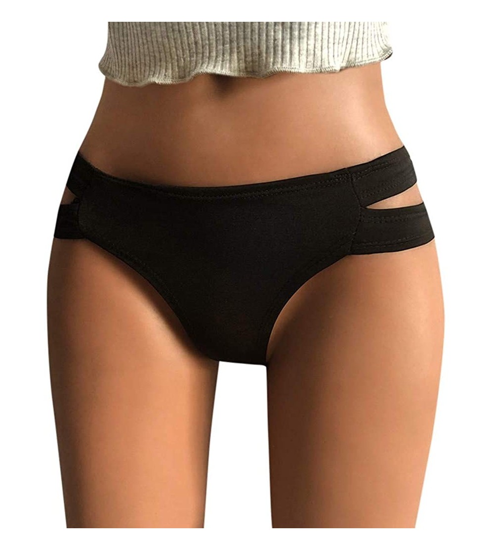 Tops Womens Clothing Bikini Panty Thongs Stretch Seam String Sexy Mid Waist Briefs Knicker Underwear G Strings A black - C618...