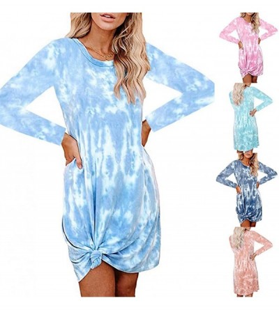 Nightgowns & Sleepshirts Women Tie-Dye Dress Fashion Crewneck Long Sleeve Loungewear Swing Loose Comfy Casual Dress - Navy - ...