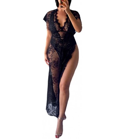 Nightgowns & Sleepshirts Women Fashion Eyelash Lace Sheer Mesh High Slit Nightgown - Black - CV19DWIT42W $30.11