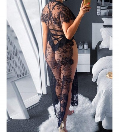 Nightgowns & Sleepshirts Women Fashion Eyelash Lace Sheer Mesh High Slit Nightgown - Black - CV19DWIT42W $30.11