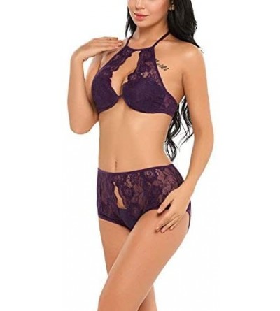 Baby Dolls & Chemises Women Lingerie Sexy Bra and Panty Sets Lace Babydoll 2 Piece Outfits - Purple - CZ18Y2KCIL8 $33.58