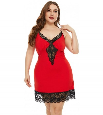 Nightgowns & Sleepshirts Women Plus Size Lingerie Babydoll Back Crisscross Lace Trim Chemise Sleepwear - Red - C019D44EIDM $1...