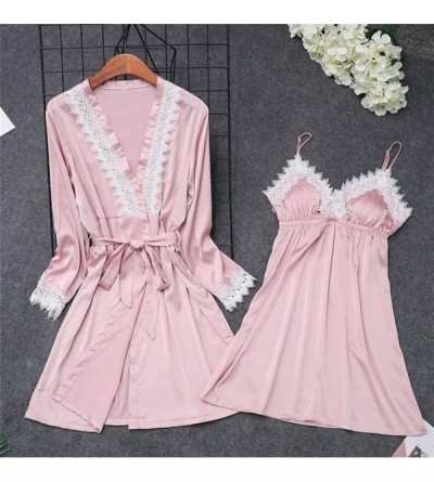 Tops Lingerie Women Silk Lace Robe Dress Babydoll Sleepwear Nightdress Pajamas Set - Pink - C218S9UQOG9 $19.78