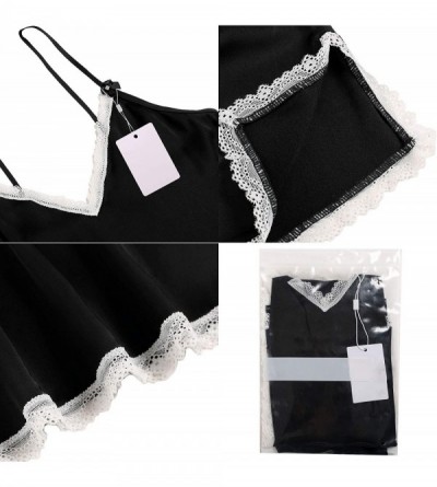 Sets Womens V Neck Sleepwear Satin Pajama Cami Set Sexy Short Nightwear - Black - CP18DQQZ368 $11.25