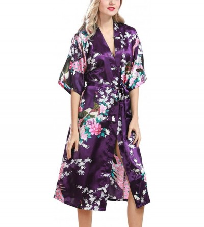 Robes Women's Dressing Gown Kimono Bathrobe Satin Peacock Robe Bridesmaid Nightwear Nightgown - Purple - CD18OURH7NC $24.50