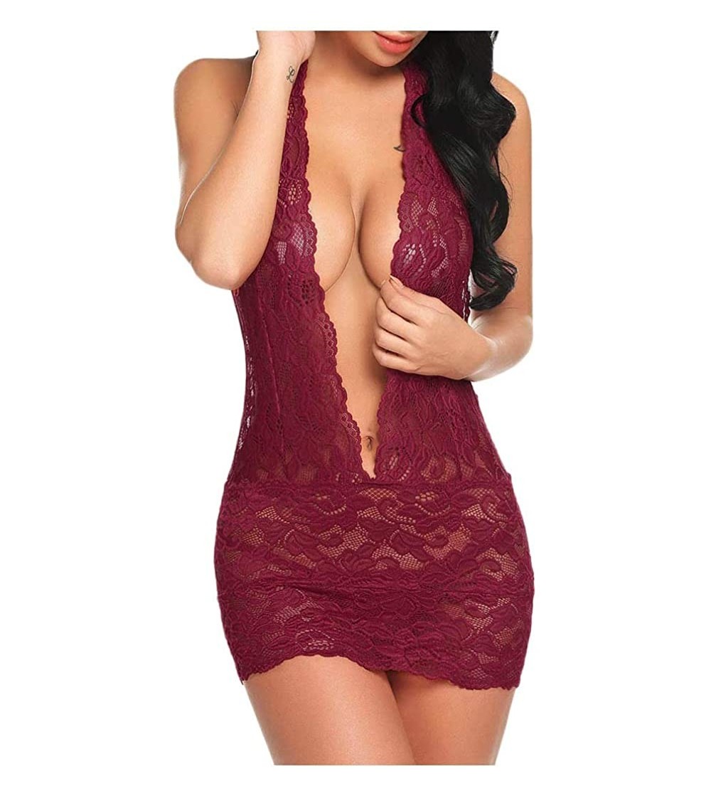 Nightgowns & Sleepshirts Babydoll Sexy Lingerie Set for Women-Honeymoon Lace Teddy Lingerie Sexy Deep V Halter One Piece Body...