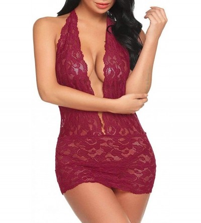 Nightgowns & Sleepshirts Babydoll Sexy Lingerie Set for Women-Honeymoon Lace Teddy Lingerie Sexy Deep V Halter One Piece Body...