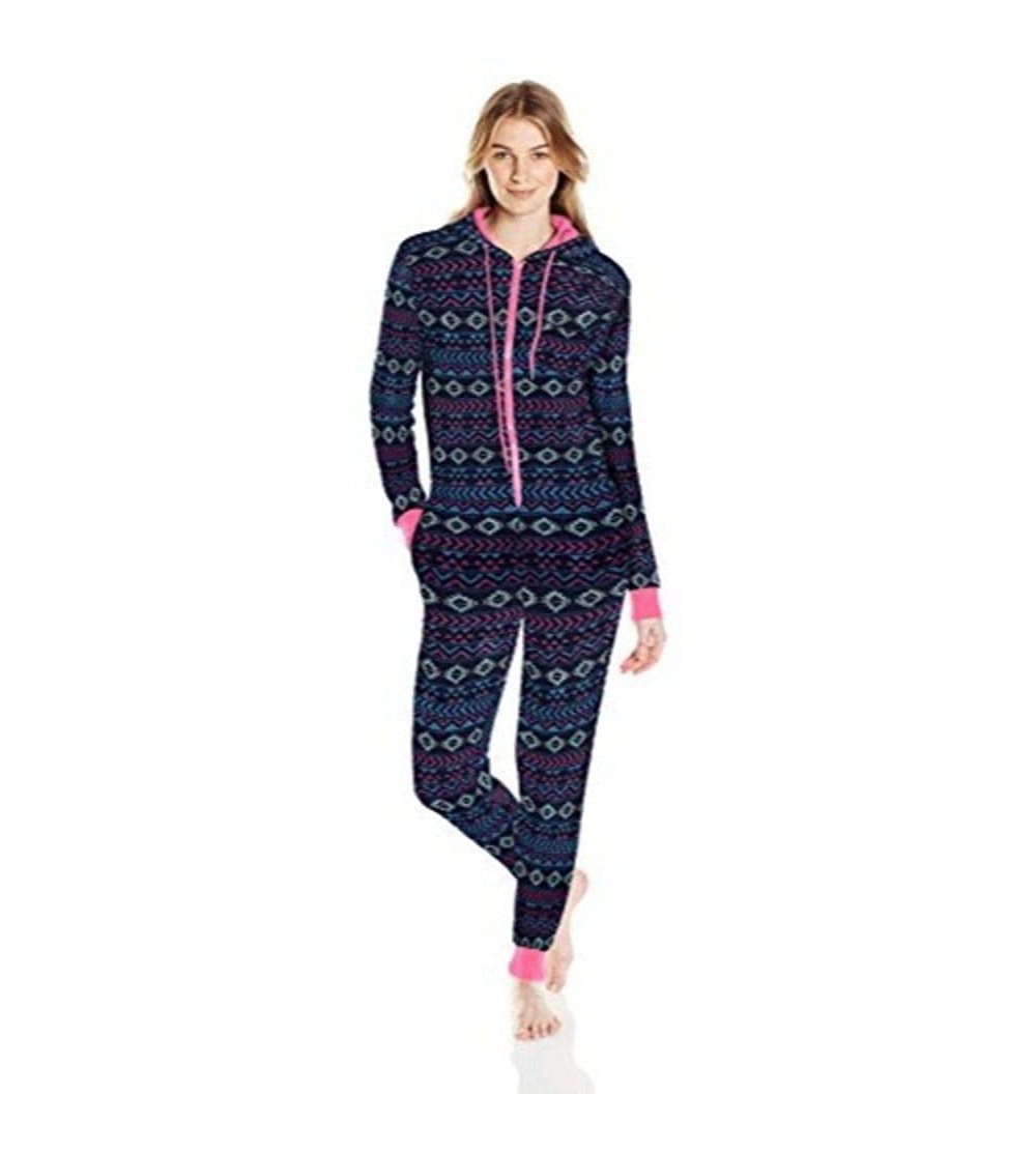 Sets Women's Printed Sweater Fleece Onesie - Blue/Pink - CF12N2JIK6H $22.07