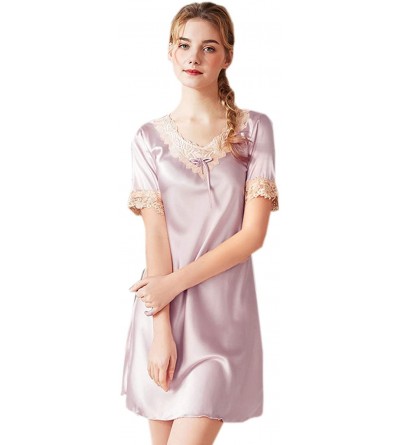 Nightgowns & Sleepshirts Women's Sleepshirt Imitation Satin Silk T-Shirt Dress Lace Nightgowns - Leather Pink-a - C118S0RRZHA...