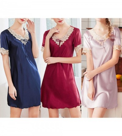 Nightgowns & Sleepshirts Women's Sleepshirt Imitation Satin Silk T-Shirt Dress Lace Nightgowns - Leather Pink-a - C118S0RRZHA...