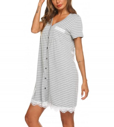 Nightgowns & Sleepshirts Women's Nightgown Striped Tee Short Sleeve Sleep Nightshirt Breastfeeding Loungewear Button Down Paj...