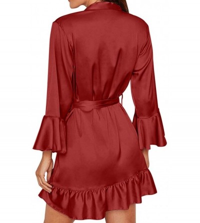 Nightgowns & Sleepshirts Women Sexy Lace Lingerie Long Flare Sleeve Solid Belt Nightwear Underwear Sleepwear Pajamas - Red - ...