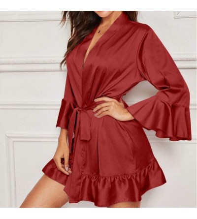 Nightgowns & Sleepshirts Women Sexy Lace Lingerie Long Flare Sleeve Solid Belt Nightwear Underwear Sleepwear Pajamas - Red - ...