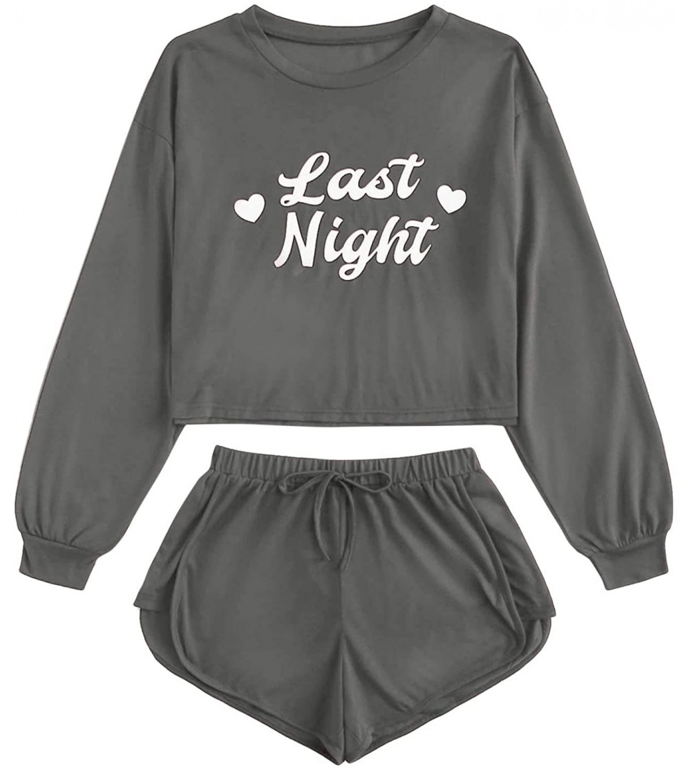 Sets Women's Letter Print Long Sleeve Top and Shorts Two Piece Pajama Set - Grey*1 - C519C4S2Y0X $27.01