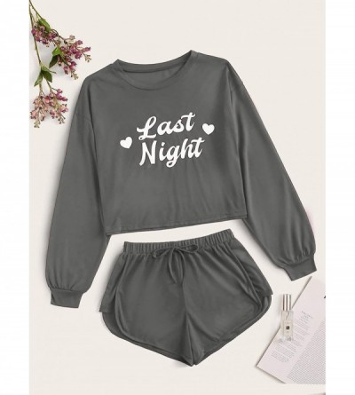 Sets Women's Letter Print Long Sleeve Top and Shorts Two Piece Pajama Set - Grey*1 - C519C4S2Y0X $27.01