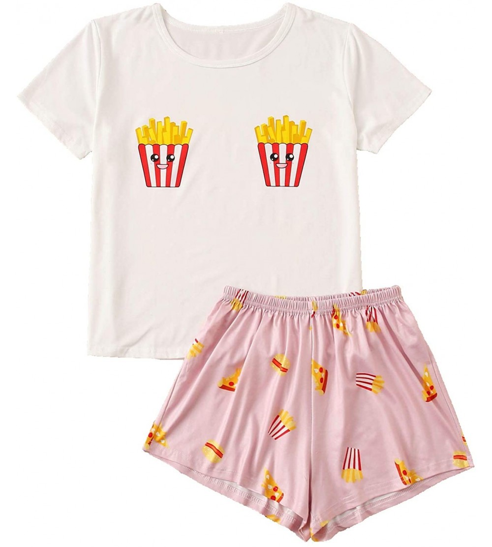Sets Women's Cartoon Print Tee and Curved Hem Shorts Pajama Set - White and Pink-5 - CO19CGMSRY7 $21.56