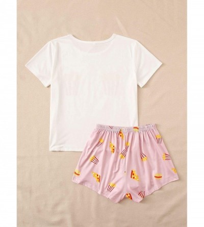 Sets Women's Cartoon Print Tee and Curved Hem Shorts Pajama Set - White and Pink-5 - CO19CGMSRY7 $21.56