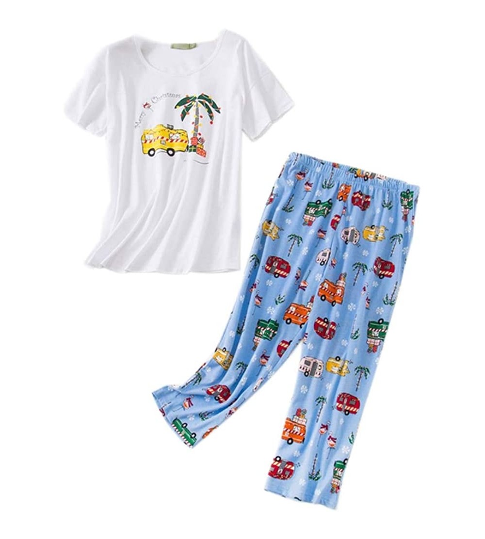 Sets Women Pajama Set Sleepwear Tops with Capri Pants Casual and Fun Prints Pajama Sets - White Bus - CY198KI5R32 $23.34