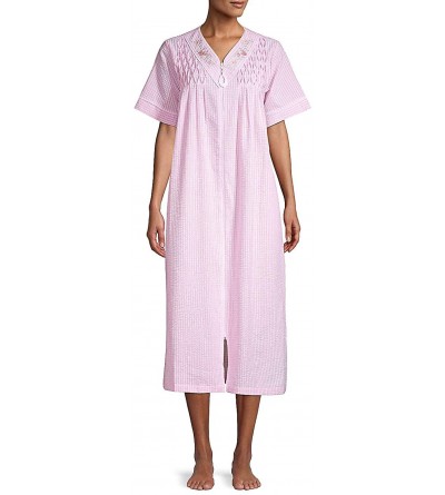 Robes Women's Short Sleeve Long Front-Zip Seersucker Gingham Robe - Peach Ck - CS18Y8LNS5R $31.37