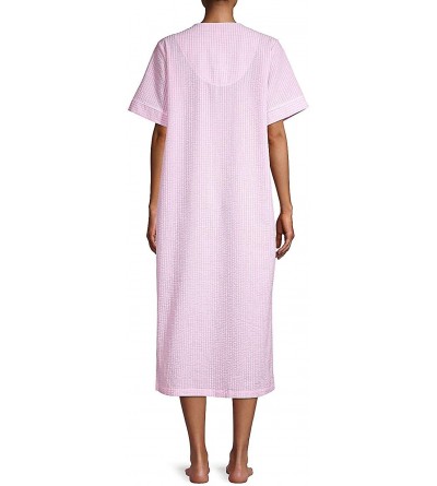 Robes Women's Short Sleeve Long Front-Zip Seersucker Gingham Robe - Peach Ck - CS18Y8LNS5R $31.37