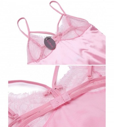 Baby Dolls & Chemises Women Lingerie V Neck Nightwear Satin Sleepwear Lace Chemise Mini Babydoll - Pink - C7189X79OQE $16.47