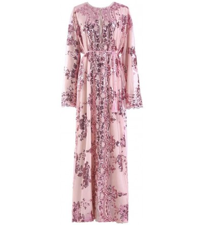 Robes Muslim Women Lace Sequin Cardigan Maxi Sequins Open Abaya Robe Kaftan Dubai - 01-pink - C4196ST5ARU $32.73