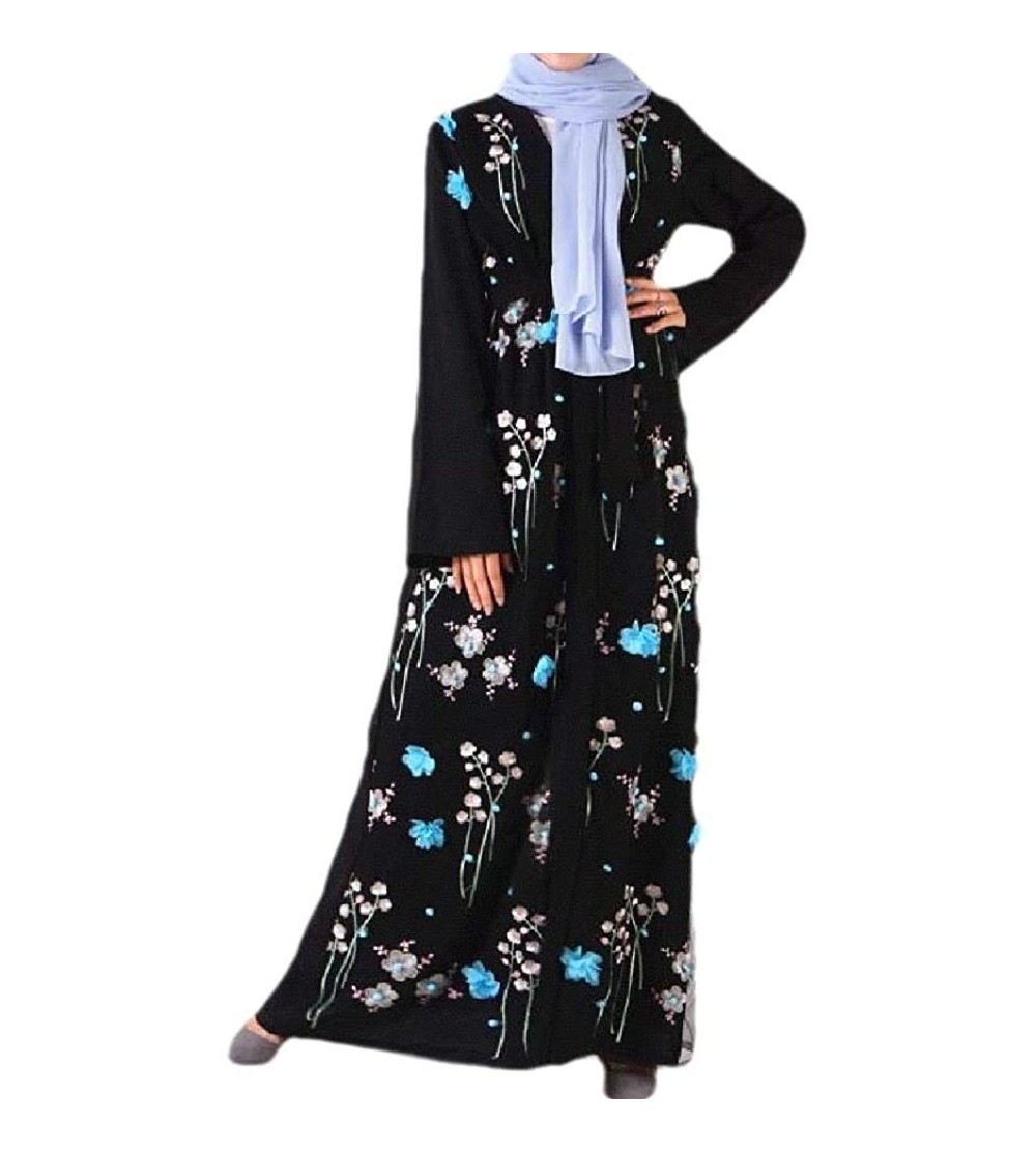 Robes Women's Muslim Islamic Cotton Dubai Belt Embroidered Kaftan Dresses - Black - CN199OECS9O $42.45