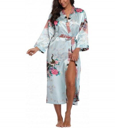 Robes Women's Long Floral Kimono Robes for Party Satin Peacock Printed Bathrobe Silky Nightgown Lightweight Loungewear - Ligh...