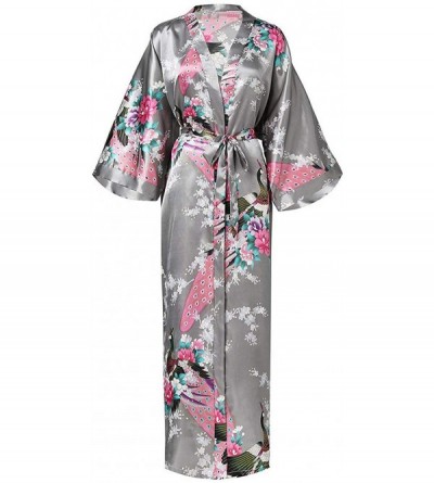 Robes Women Long Robe Print Flower Peacock Kimono Bathrobe Gown Bride Bridesmaid Wedding Robes Sexy Sleepwear - Gray a - CC19...
